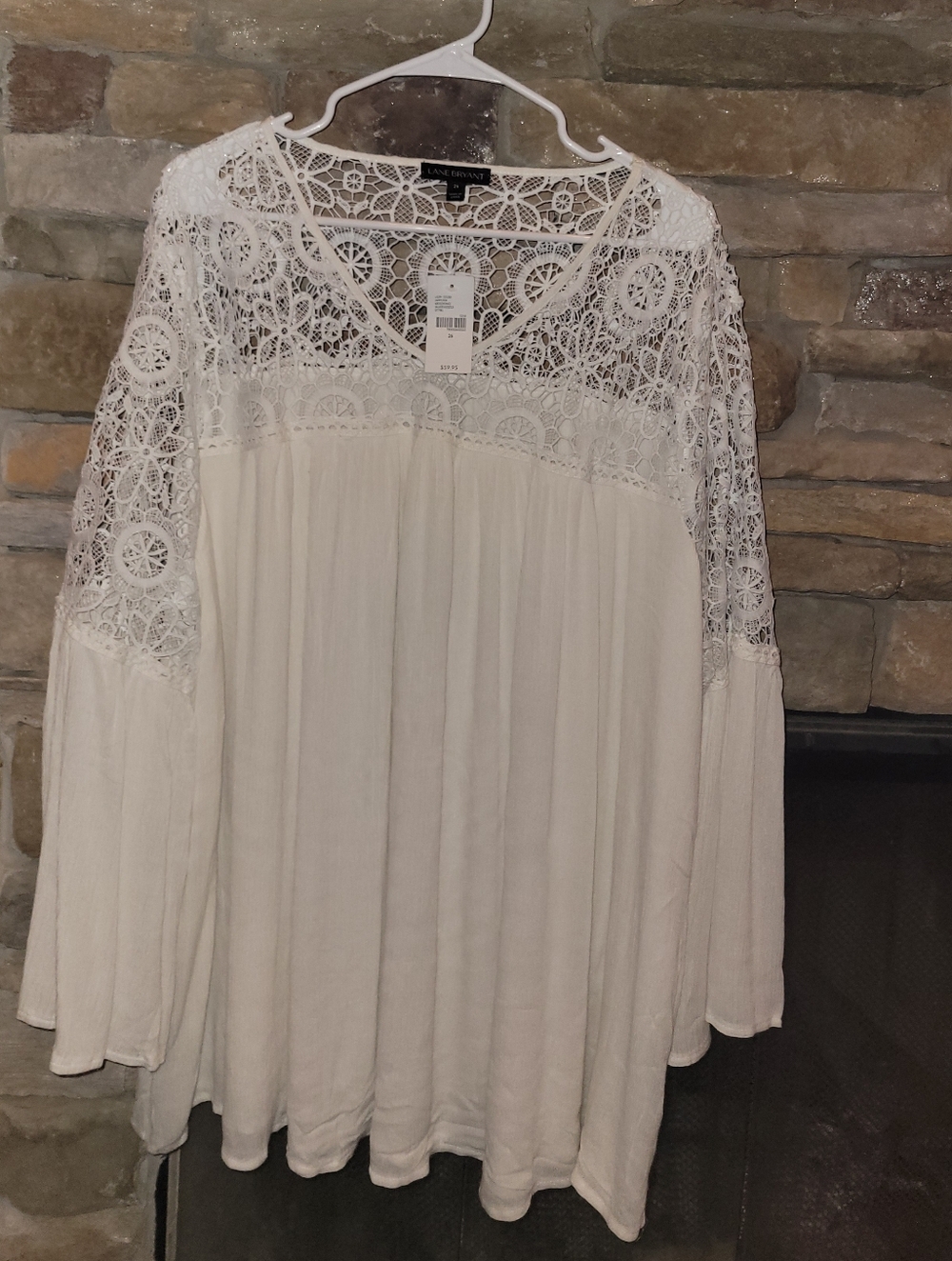Lane Bryant White Crochet Yoke Gauzy Long Sleeve Tunic